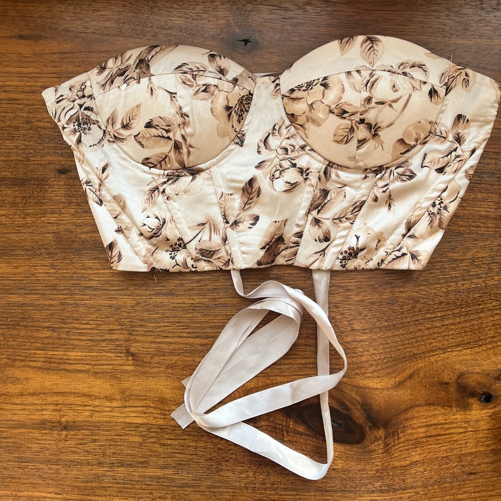 Floral Bustier Top with Ribbon Ties Size Small tan/brown corset top